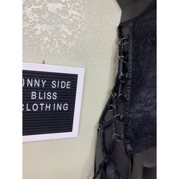 Seduction Black Lace Sheer Lingerie Tank Top Lace Up Metal Detail Size M/L - Picture 3 of 12